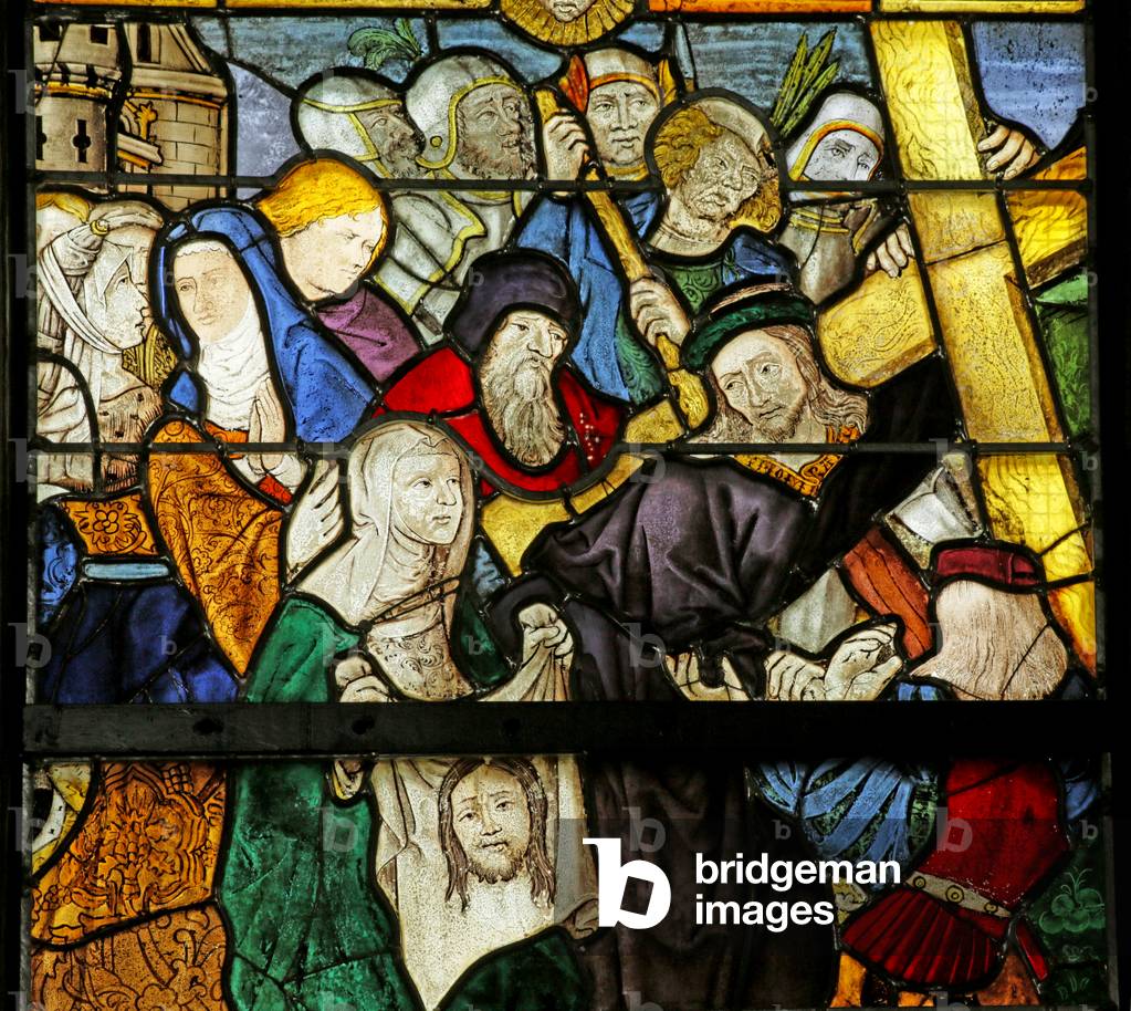 Window depicting the Via Crucis with Veronica and the veil (stained glass)