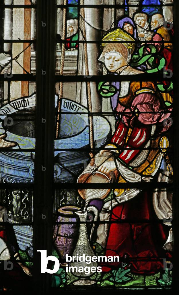 Window depicting Christ and the Samaritan woman (detail) (stained glass)