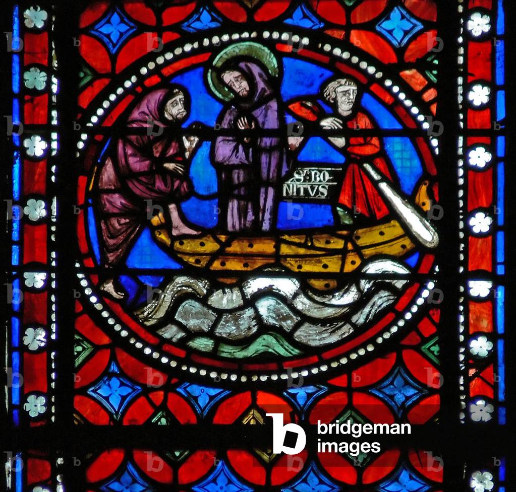 Window s1-R depicting a scene from St Bonnet's journey to Rome and adventures (stained glass)