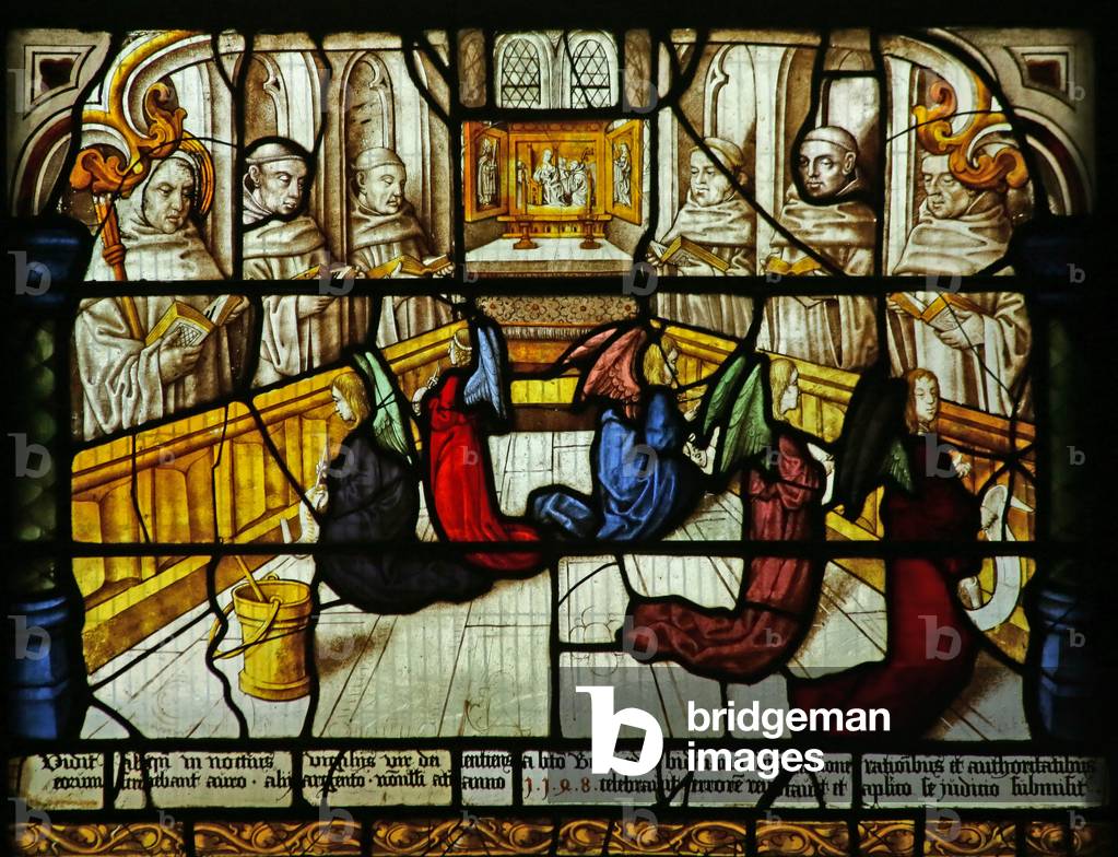 St Bernard has a vision of angels monitoring the monks' singing, c.1500 (stained glass)