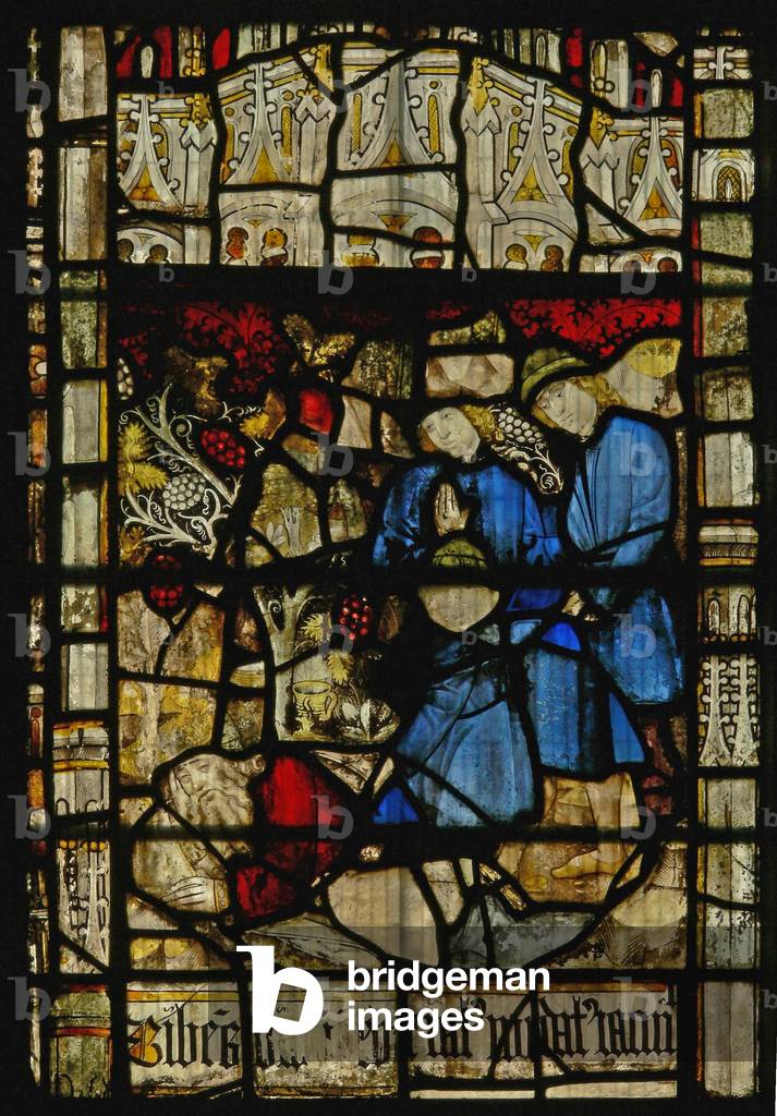 Window S3 depicting the Noah's Ark story: Noah's drunkenness (stained glass)