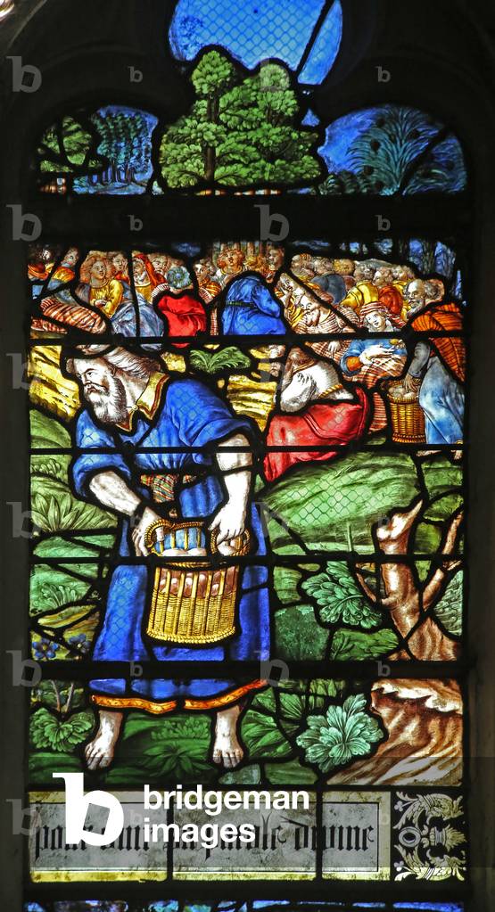 Window w12 depicting a detail from the Miracle of the Feeding of the 5000 (stained glass)