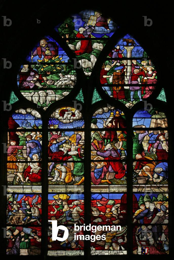 Window depicting Old Testament Scenes: Manna from heaven and Crossing of the Red Sea (stained glass)
