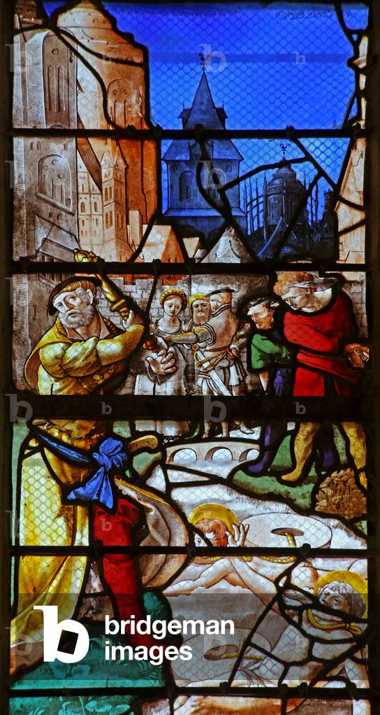 Window w23 depicting St Crepin and St Crepinian: thrown into the river Aisne with millstones around their necks (stained glass)