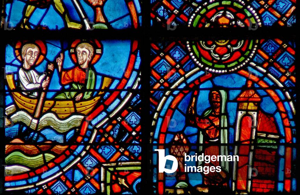 Window w23 depicting St Julian Hospitalier meets Christ on the other side of the river every night (stained glass)