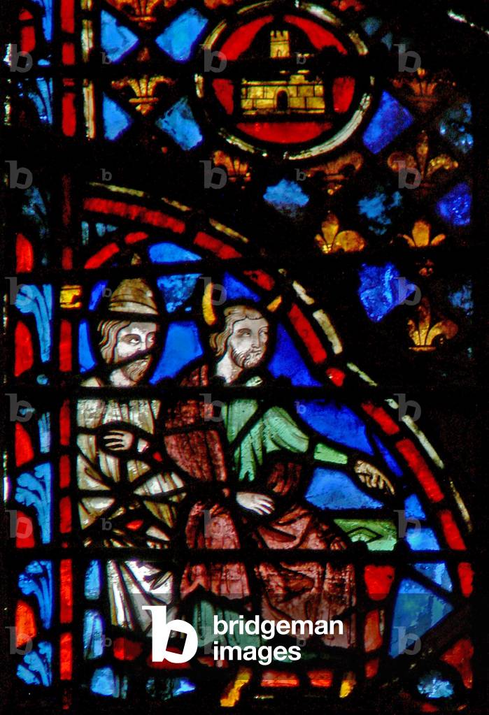 Window w3  Moses & Aaron condemn the violation of the Sabbath Numb XV 35-36  (stained glass)