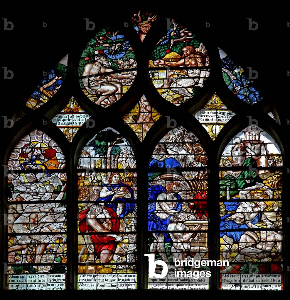 Window w122 depicting the Stories of Adam & Eve and Cain & Abel (stained glass)