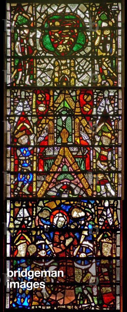 Window w42 depicting St Catherine being tortured: above is a royal coat of arms (stained glass)