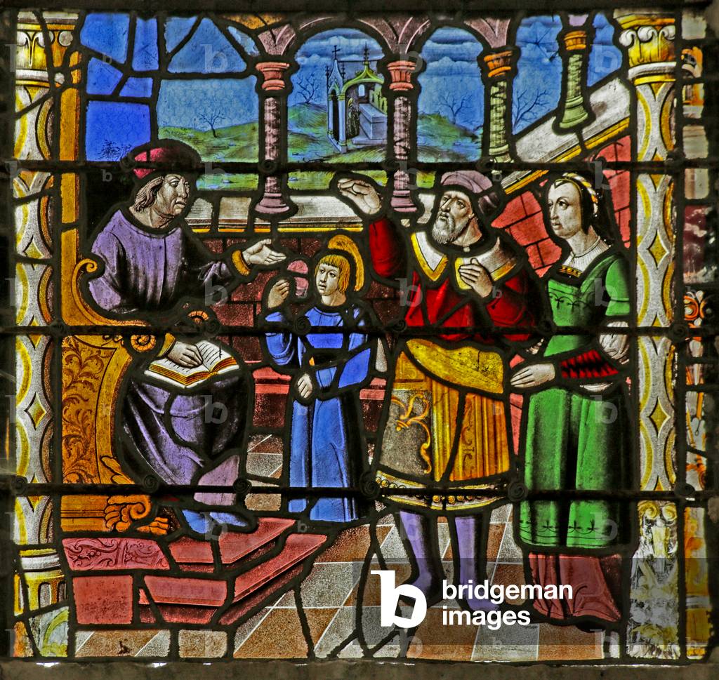 Window depicting the Parents of Saint Nicholas delivering the Saint to a Teacher (stained glass)