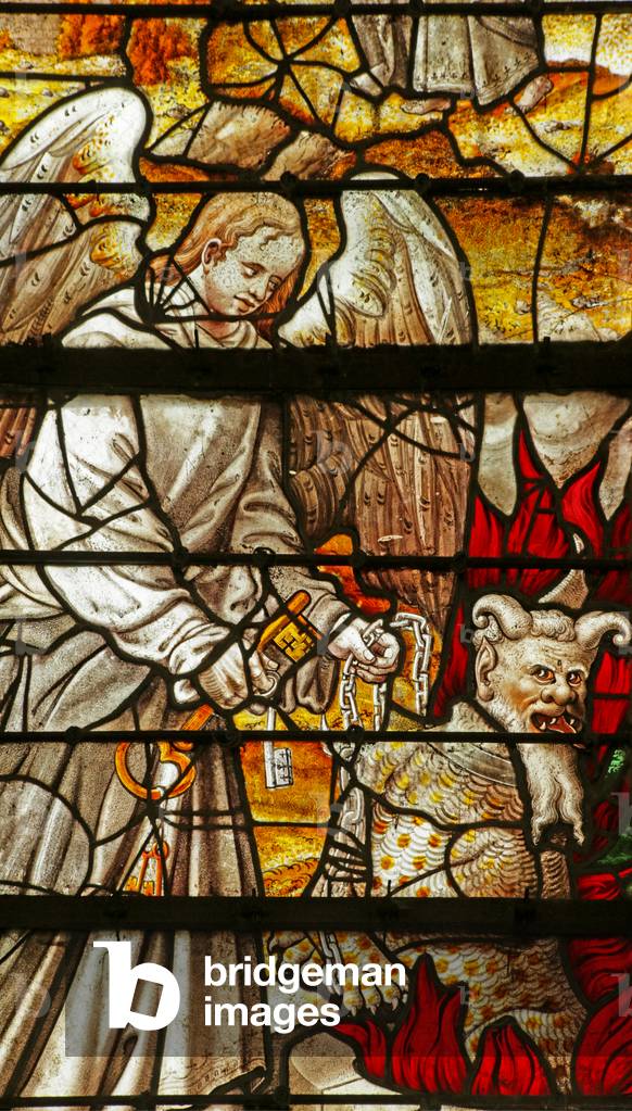 Window depicting a Scene from the Book of Revelation: Angel with key to the pit, Satan (stained glass)