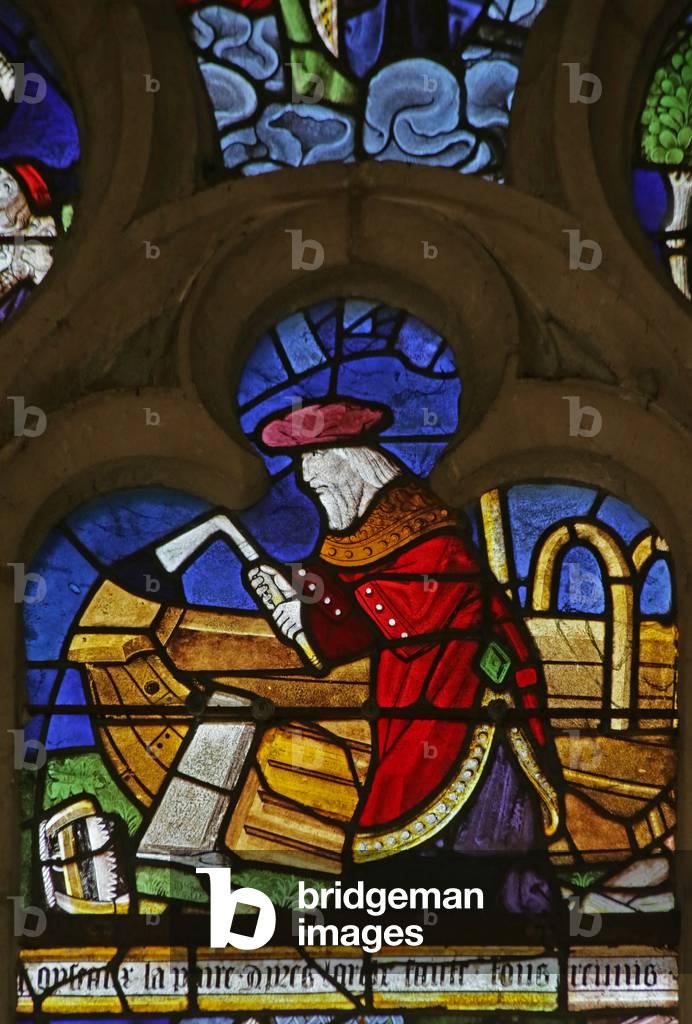 Window depicting Noah builds the ark (stained glass)