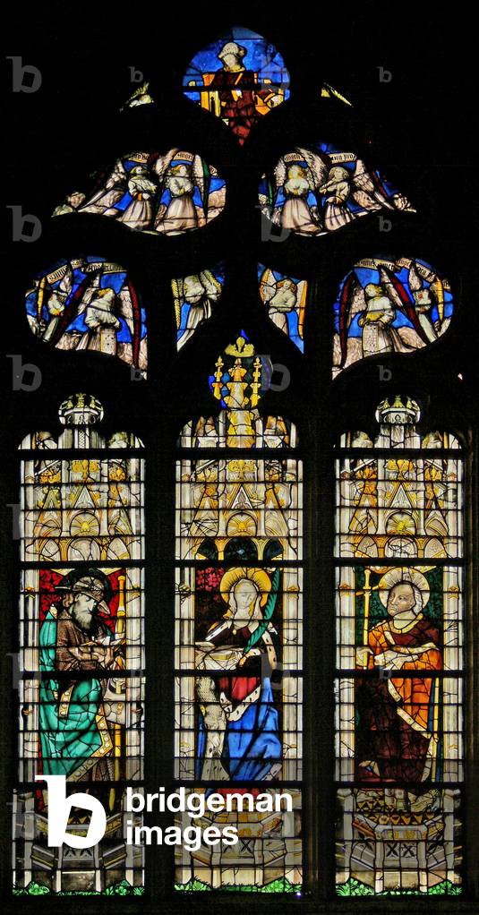 Window w210 depicting St James, St Agnes, St Anthony?; in the tracery lights St James again and angels (stained glass)