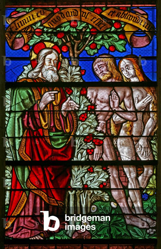 Window w40 depicting Adam and Eve discovered with fig leaves (stained glass)