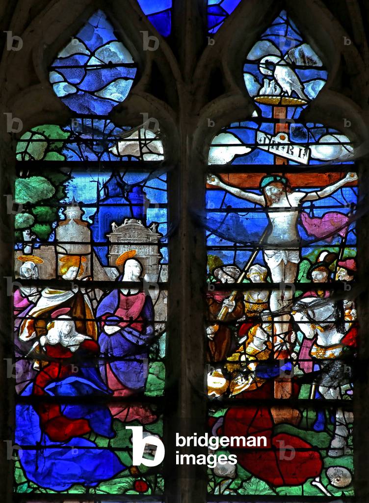 Window w0 depicting the Crucifixion with the 3 Marys (stained glass)