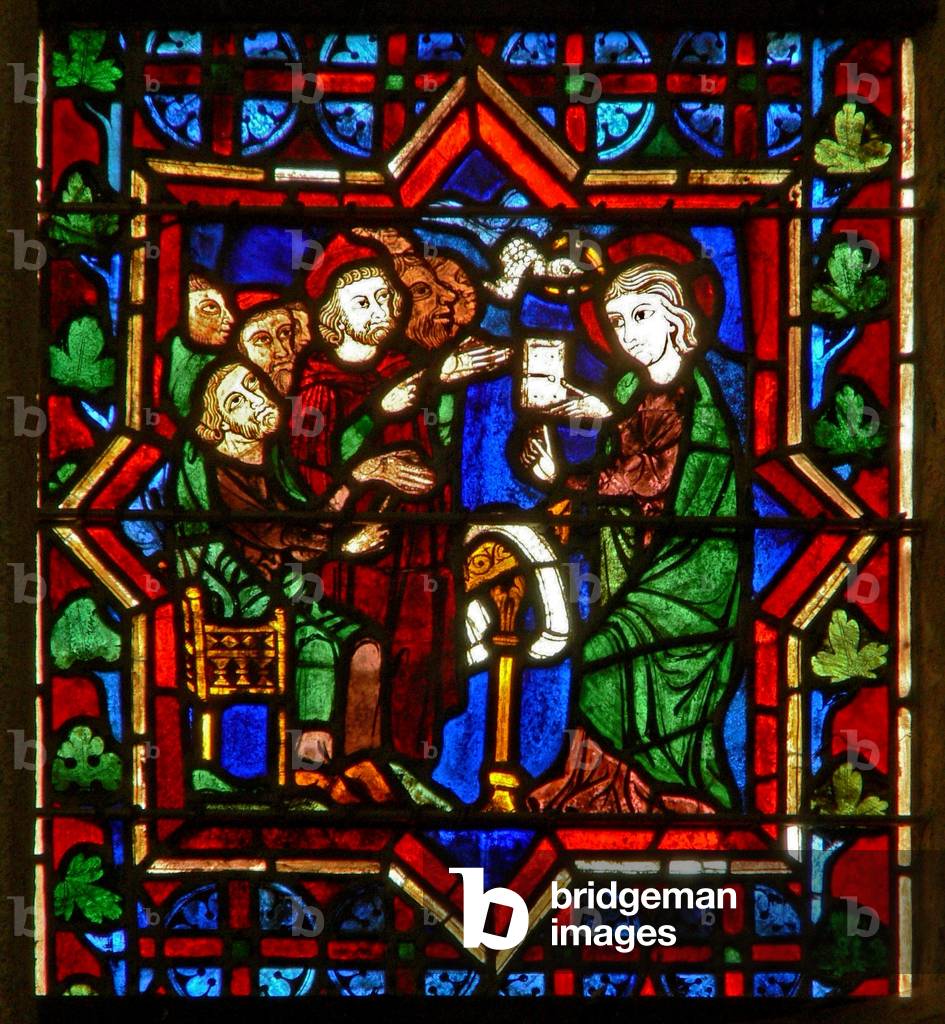 Scene in the E window depicting a scene from the life of St Catherine: with the philosopers (stained glass)