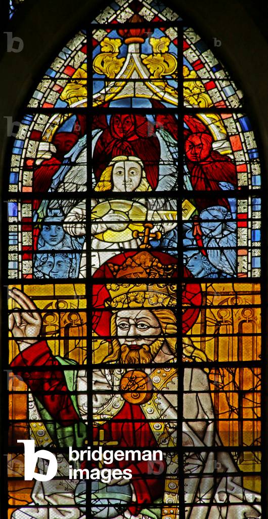 Window depicting God at the Coronation of the Virgin and a Musical Angel above (stained glass)