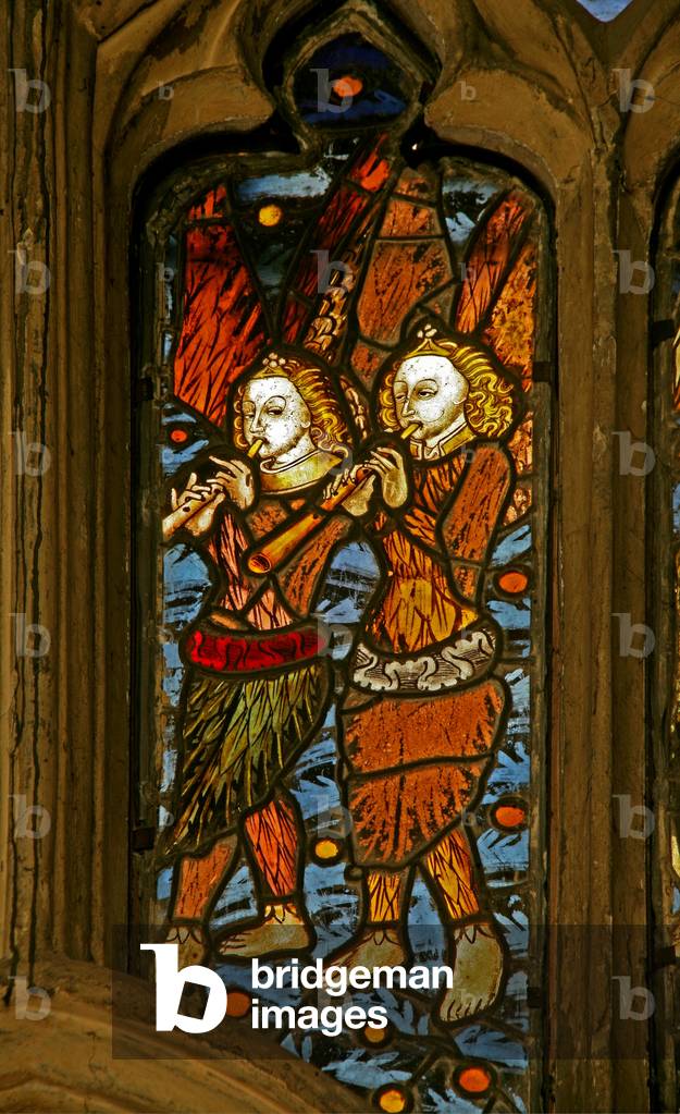 Window n1 depicting musician angels with oboes (stained glass)