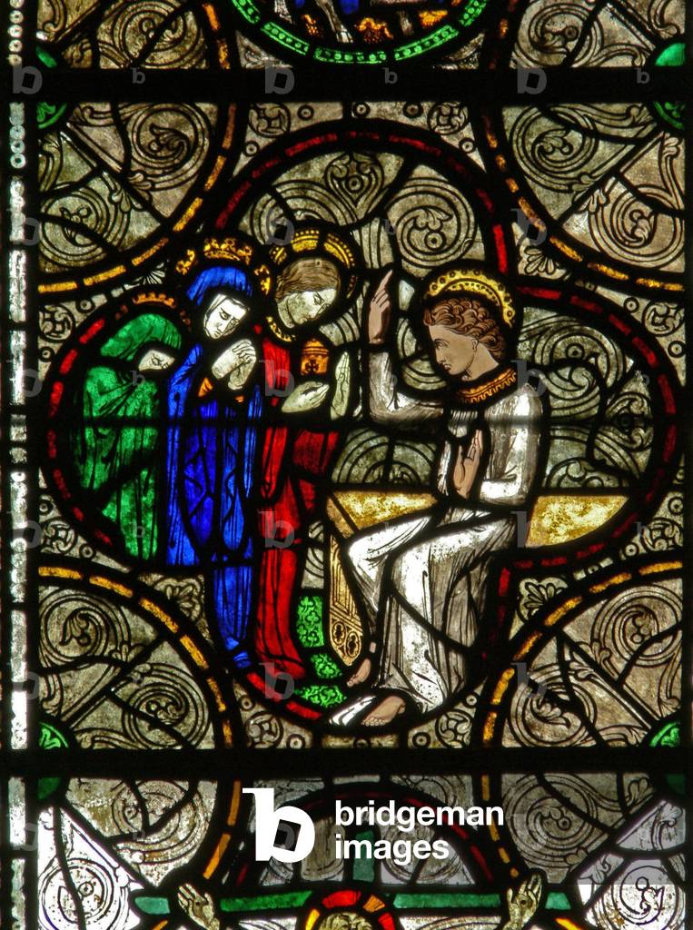 Window S depicting a Resurrection scene: the angel with the Three Marys (stained glass)