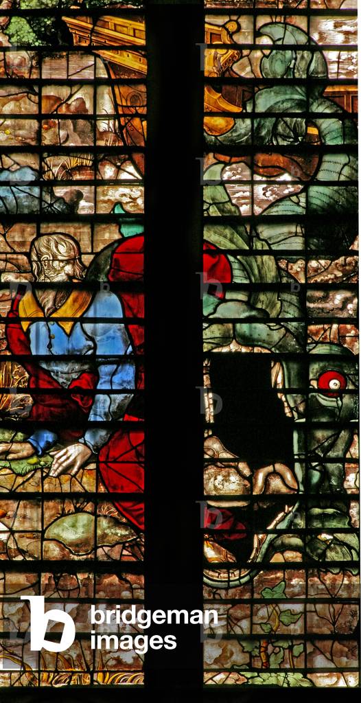 Window w16 depicting Jonah released by the whale (stained glass)