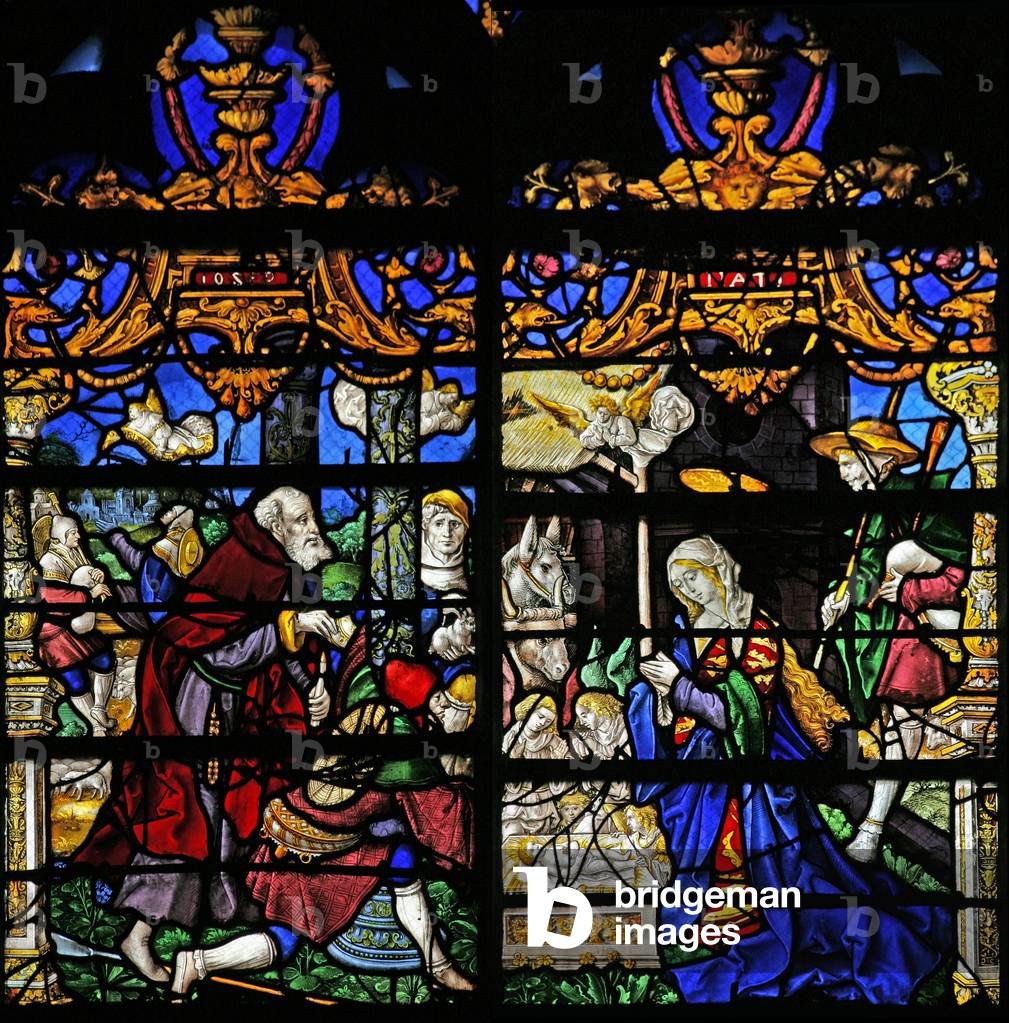 Window w21 depicting the Adoration of the Shepherds (stained glass)