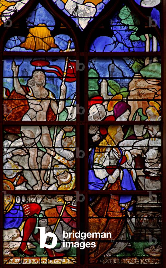Window w12 depicting a Resurrection scene: the Holy Women at the Tomb (stained glass)