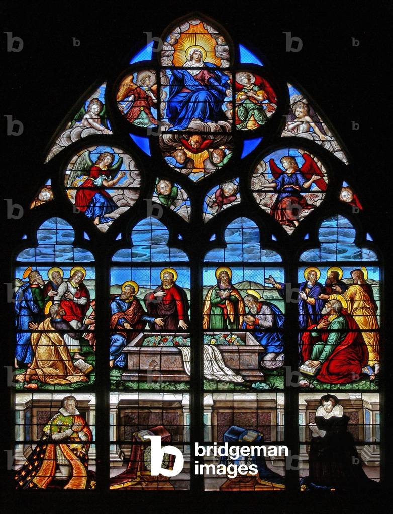 Window w39 depicting the Death and Assumption of the Virgin Mary (stained glass)