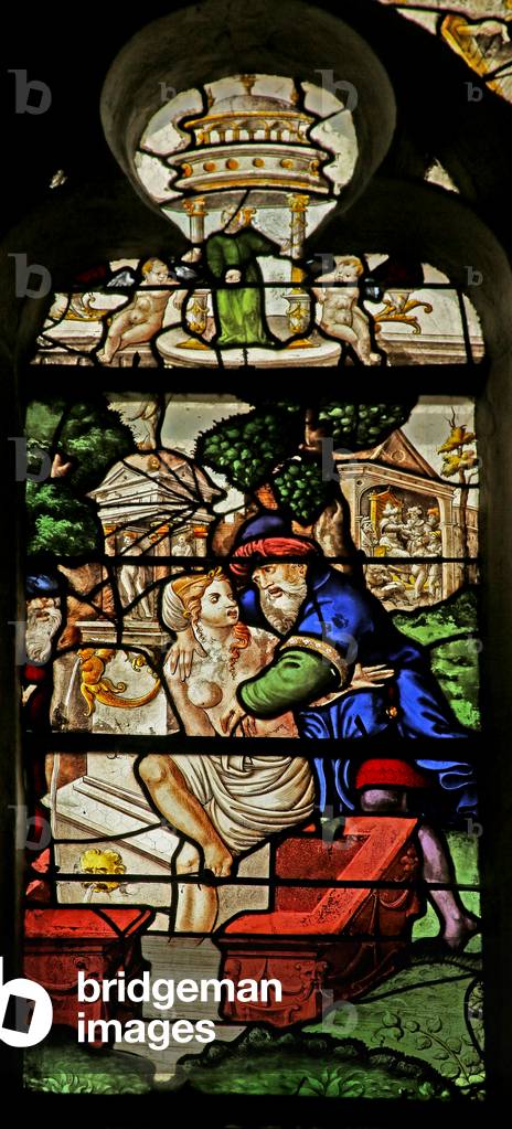 Window depicting Suzanne being molested while bathing (stained glass)