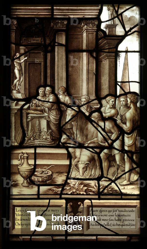 Panel 4 of the story of Psyche and Cupid: the king fears he may have offended the gods and goes to the shrine of Apollo, at which various animals await to be sacrificed. (stained glass)