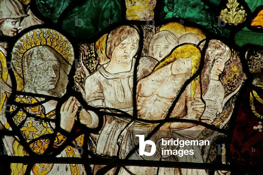Window depicting the punishment of the Philosophers: from the Legend of Saint Catherine (stained glass)
