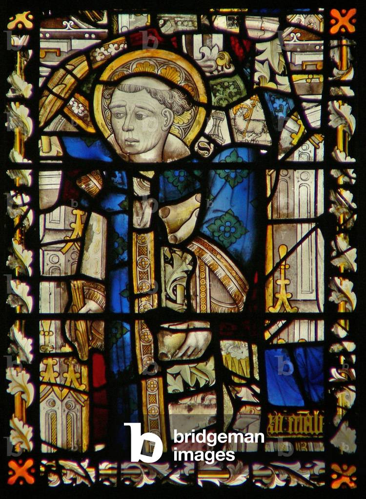 The east window depicting a fragmentary St Stephen (stained glass)