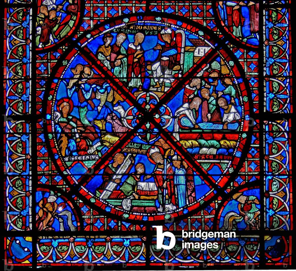 Window w15 depicting the story of St Stephen's relics: the bottom section of the window (stained glass)