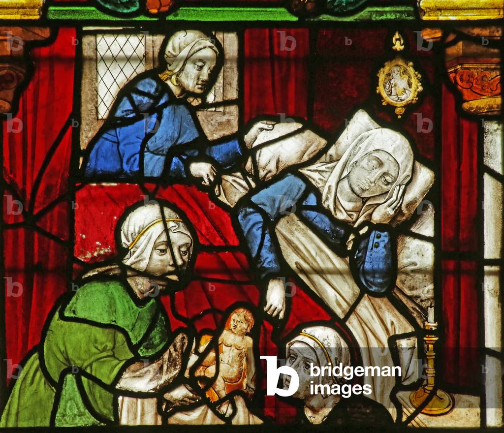 Window depicting the Birth of the Virgin Mary (stained glass)