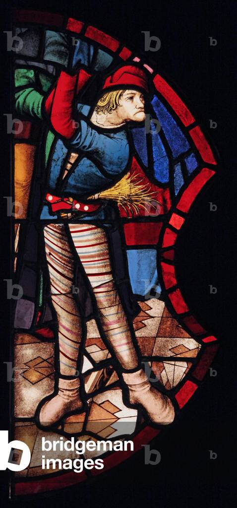 Depicting a torturer; originally from the St Chapelle where it introduced in c.1500; it is a good example of Venetian glass (stained glass)