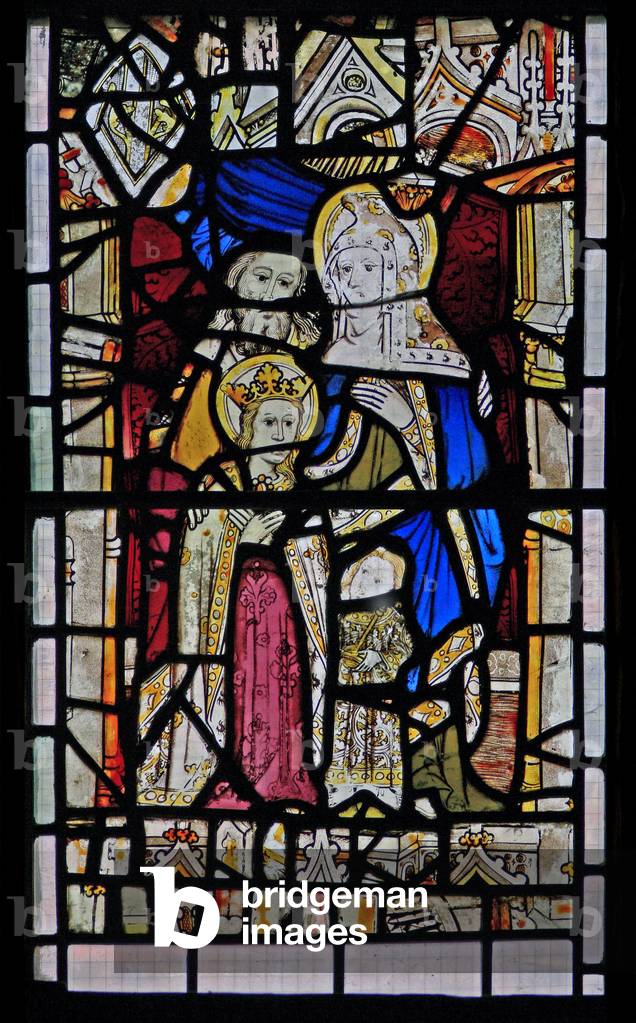 Window Ew depicting St Anne, Joachim, the Virgin Mary and the Christ Child (stained glass)