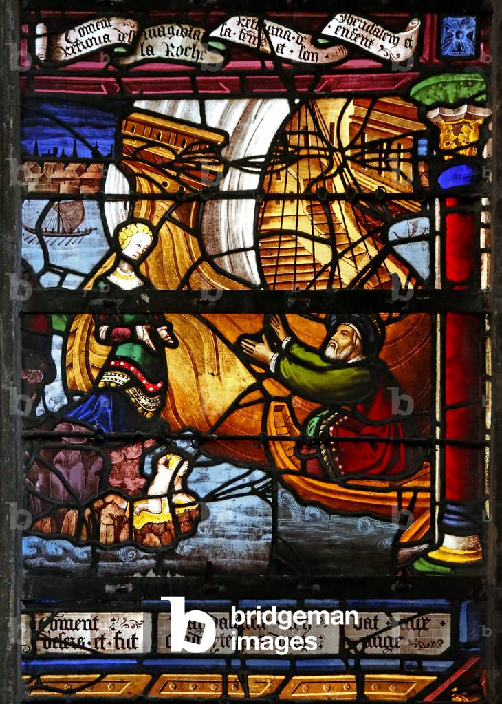 Window w5 depicting the Duke of Marseilles returns from Jerusalem and finds his wife on the rock with a son (stained glass)