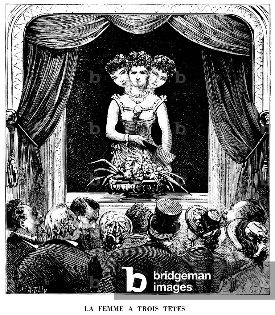 Fair monster: the woman with three heads, 19th century (engraving)