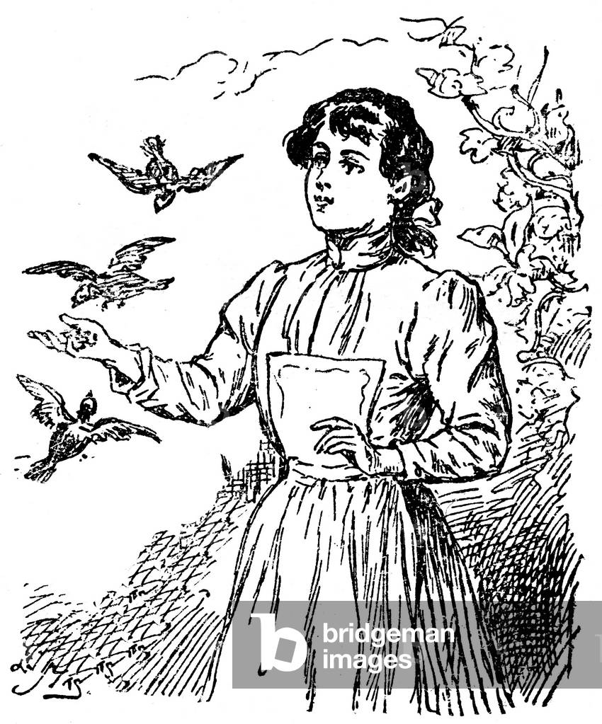 Young woman offering seeds to birds flying around her. Illustration of a school book beginning 20th century.