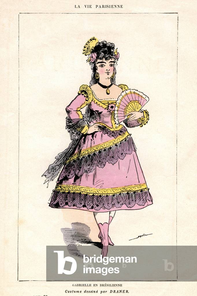 Illustration of “” La Vie Parisienne””, piece and opera (opera-food) by Jacques Offenbach on a libretto by Ludovic Halevy and Henri (Henry) Meilhac, book edition by the Illustree Bookstore 1875 - Gabrielle in Bresilienne: costume drawn by Draner (1833-1926) (print)