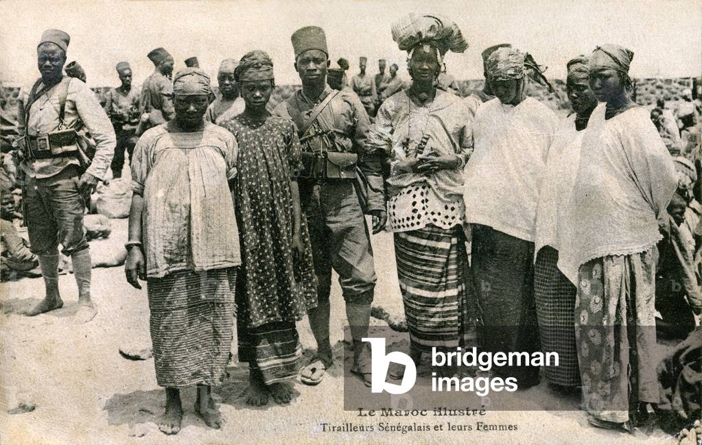 Senegalese Tiraileurs with their families, Morocco, early 20th century (b/w photo)