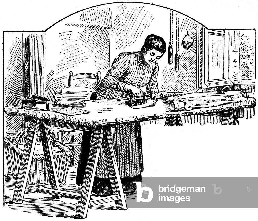 Ripper: young woman ironating a shirt - image of a school book beginning 20th century.