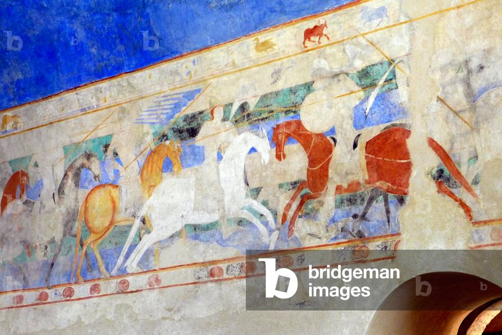 A horseback fight between Christian knights and Sarrazins, 12th-13th century (fresco)
