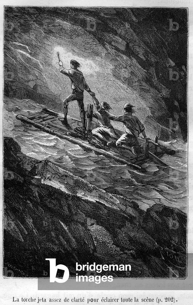 Illustration of Jules Verne's book “” Journey to the Centre of the Earth”” - Hetzel edition/Extraordinary Voyages 1864, vignette de Riou: The torch threw enough clarity to illuminate the whole scene.