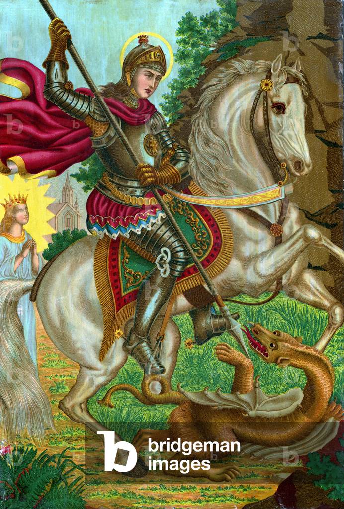 Saint George defeating the Dragon under the eyes of the Emerald Princess. Religious chromotithography beginning 20th century.