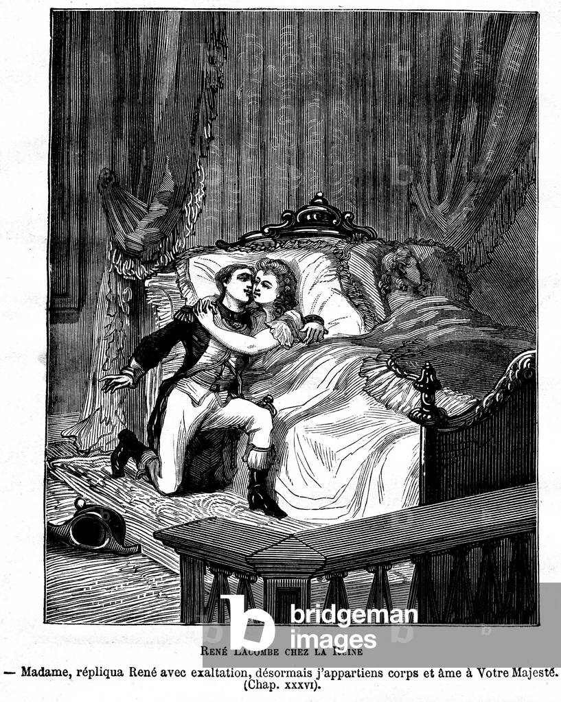 Illustration of the book by Leo Taxil and J. Vindex “Marat ou les heros de la revolution””, Librairie anti-clerical (anti-clerical, anticlerical) 1883 - Revolution Francaise - Queen Marie Antoinette (Marie Antoinette) in galante company with a sigher, Rene Lacombe: in this book very hostile to the kingdoms, the queen is presented as a woman. light, devergondee and even traitee of royal prostituee - Cardon engraving -