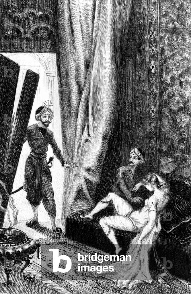 Frontispice by Jules Hanriot from the book of Crebillon Jr. (Claude) “” Le Sopha, moral tale”” (in reality licentious) - edition Gilliet 1881