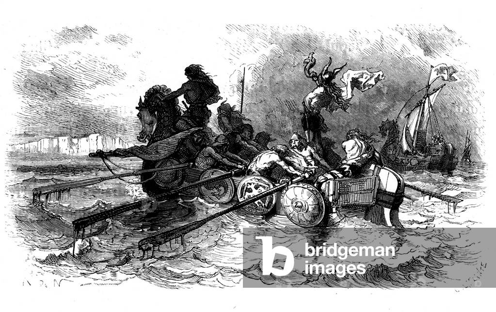 The arrival of Norman boats on the French coast, 1872 (engraving)