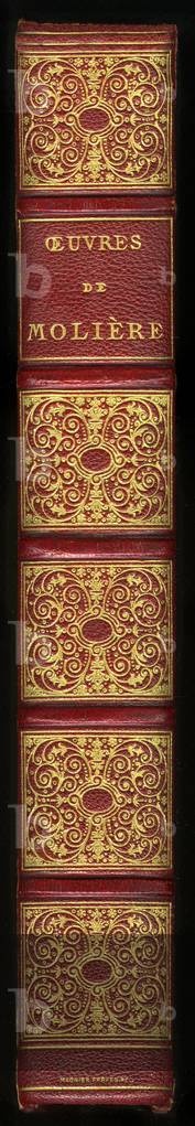 Works by Jean Baptiste Poquelin dit Moliere (1622-1673). Back of a red leather binding with gold and gold nerves, Garnier edition, 2nd half 19th century.