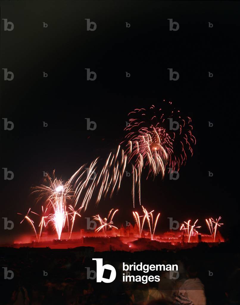 Cite de Carcassonne (Aude, Languedoc, Pays Cathare): fire and fireworks on 14 July, summer party. Photo by Patrice Cartier