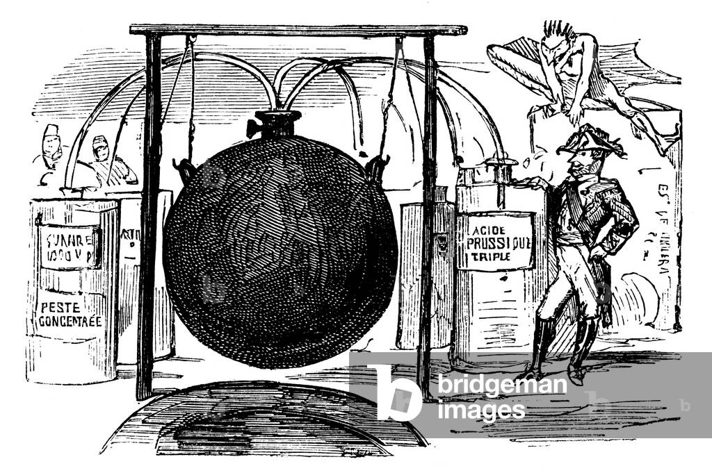 An officer oversees the manufacture of a gigantic bomb filled with deadly chemicals and bacteries, 1875 (engraving)