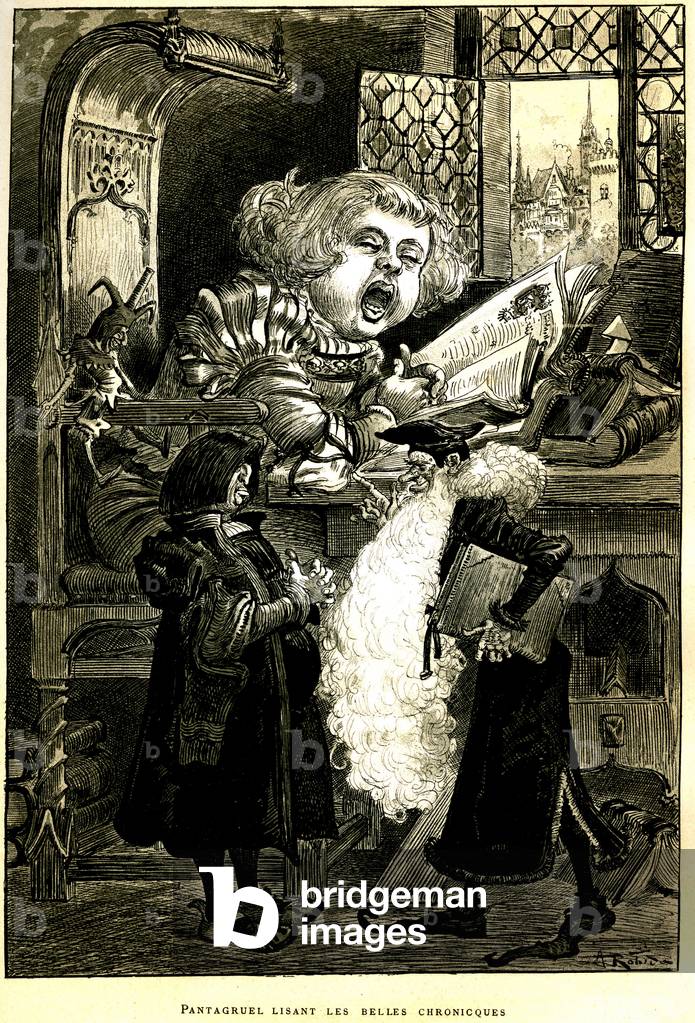 Childhood of Giant Pantagruel reading beautiful “chronicques”” (chronicles) - illustration by Robida for the complete works of Francois Rabelais published by the Illustree Librairie in 1885